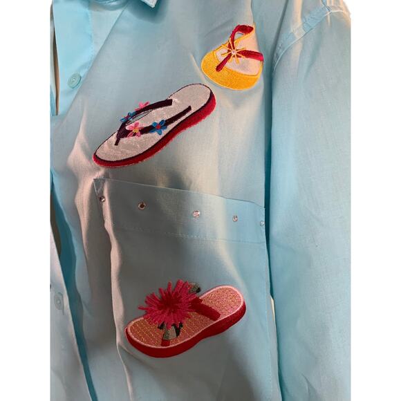 Las Olas Women's Large Shirt Embroidered Flip Flops Studded Detail Button Down - Picture 5 of 11